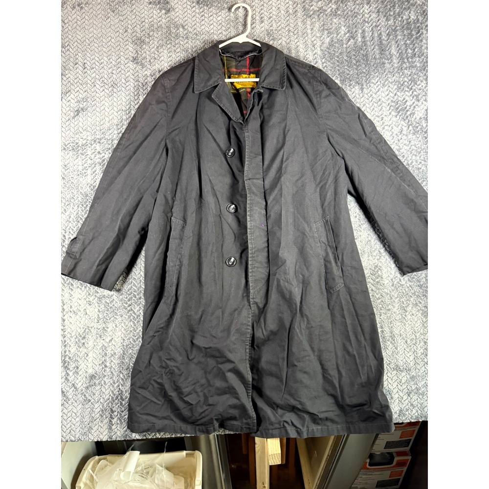 Vintage‎ Plymouth Trench Coat Mens Black Plaid Lined Notch Lapel Single Breasted